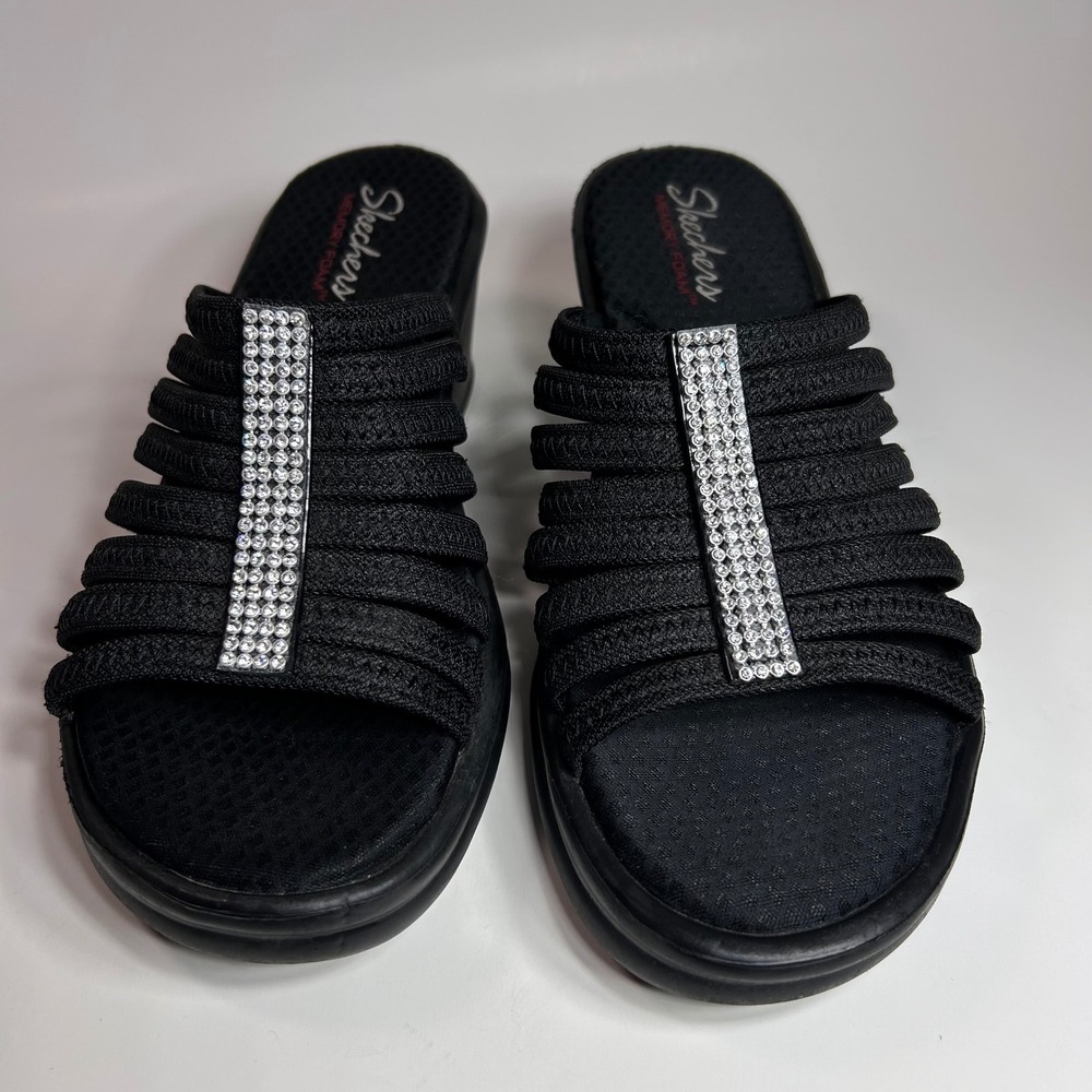 Skechers Rumblers Hotshot Wedge Sandals Womens 10 Black Rhinestone Comfort Bling - Picture 2 of 11